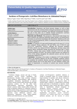 Incidence of Postoperative Acid-Base Disturbances in Abdominal Surgery Mehryar Taghavi Gilani1 (MD); Majid Razavi2*(MD); Arash Peivandi Yazdi1 (MD) 1