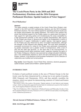 The Czech Pirate Party in the 2010 and 2013 Parliamentary Elections and the 2014 European Parliament Elections: Spatial Analysis of Voter Support1