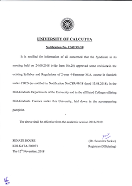 University of Calcutta Syllabus for MA in Sanskrit Under CBCS