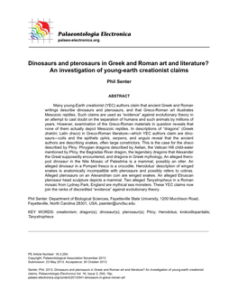 Dinosaurs and Pterosaurs in Greek and Roman Art and Literature? an Investigation of Young-Earth Creationist Claims