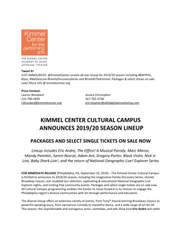 Kimmel Center Cultural Campus Announces 2019/20 Season Lineup