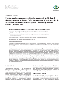 Prostaglandin Analogous and Antioxidant Activity Mediated Gastroprotective Action of Tabernaemontana Divaricata (L.) R