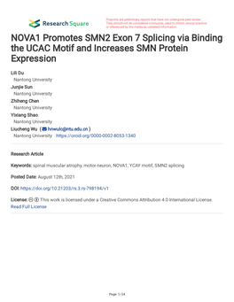 NOVA1 Promotes SMN2 Exon 7 Splicing Via Binding the UCAC Motif and Increases SMN Protein Expression