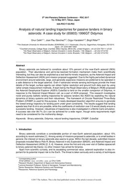 Analysis of Natural Landing Trajectories for Passive Landers in Binary Asteroids: a Case Study for (65803) 1996GT Didymos