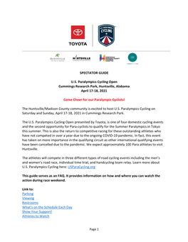 SPECTATOR GUIDE U.S. Paralympics Cycling Open Cummings Research Park, Huntsville, Alabama April 17-18, 2021 Come Cheer for Our P