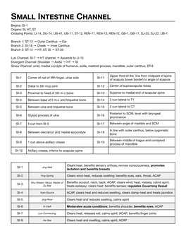 SMALL INTESTINE CHANNEL Begins: SI-1 Organs: SI, HT, ST Crossing Points: LI-14, DU-14, UB-41, UB-11, ST-12, REN-17, REN-13, REN-12, GB-1, GB-11, SJ-20, SJ-22, UB-1