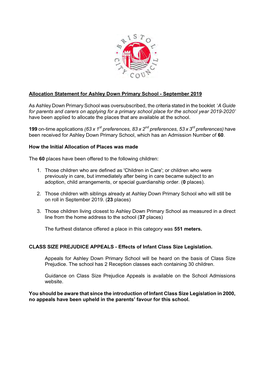 Allocation Statement for Ashley Down Primary School - September 2019