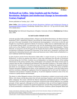 Mcdowell on Coffey, 'John Goodwin and the Puritan Revolution: Religion and Intellectual Change in Seventeenth- Century England'