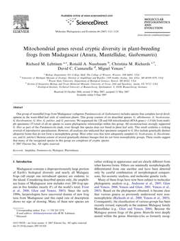 Mitochondrial Genes Reveal Cryptic Diversity in Plant-Breeding Frogs from Madagascar (Anura, Mantellidae, Guibemantis)