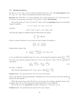 4.1 Reduction Theory Let Q(X, Y)=Ax2 + Bxy + Cy2 Be a Binary Quadratic Form (A, B, C Z)