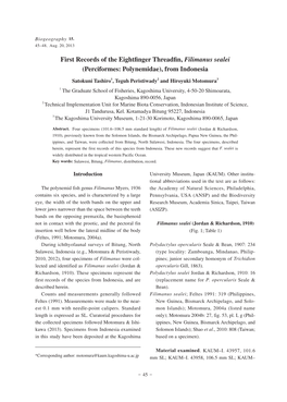 First Records of the Eightfinger Threadfin, Filimanus Sealei (Perciformes: Polynemidae), from Indonesia