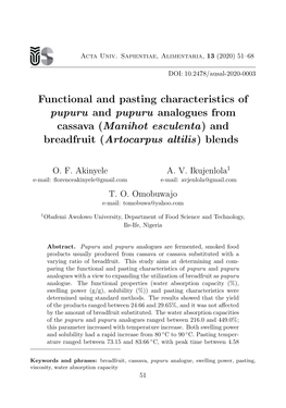 Functional and Pasting Characteristics of Pupuru and Pupuru Analogues from Cassava (Manihot Esculenta) and Breadfruit (Artocarpus Altilis) Blends