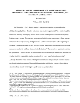 By Peter Groh* Volume XIII – Fall 2012 on November 1, 2012, Russia Enacted a Law Putatively Aiming to Protect Russian Children