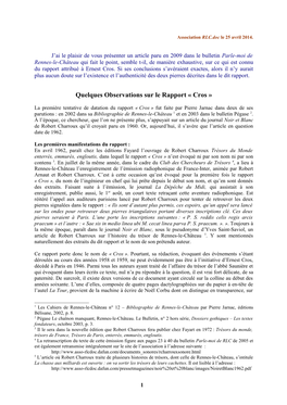 Quelques Observations Sur Le Rapport Cros