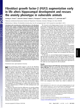 Fibroblast Growth Factor-2 (FGF2) Augmentation Early in Life Alters Hippocampal Development and Rescues the Anxiety Phenotype in Vulnerable Animals