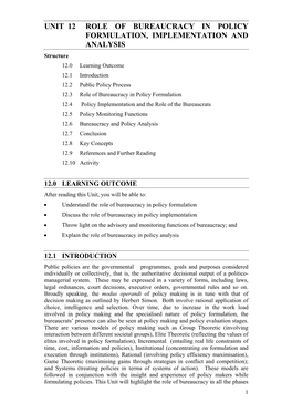 Unit 12 Role of Bureaucracy in Policy Formulation