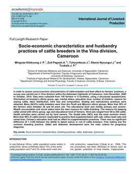 Socio-Economic Characteristics and Husbandry Practices of Cattle Breeders in the Vina Division, Cameroon