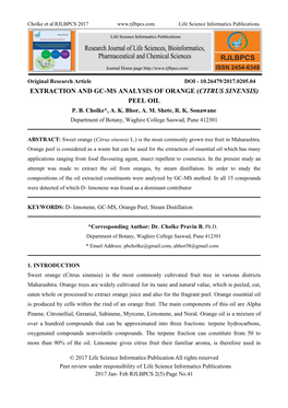 Extraction and Gc-Ms Analysis of Orange (Citrus Sinensis) Peel Oil P