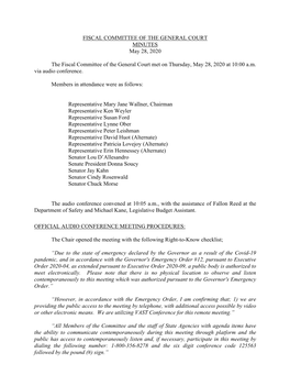 FISCAL COMMITTEE of the GENERAL COURT MINUTES May 28, 2020