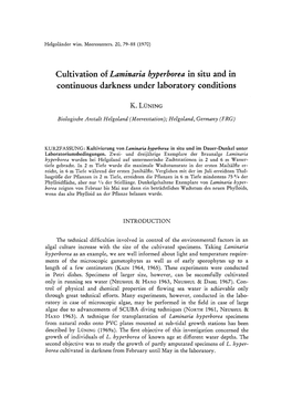 Laminaria Hyperborea in Situ and in Continuous Darkness Under Laboratory Conditions