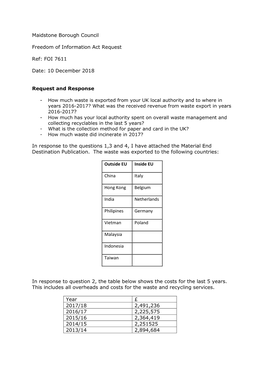 Maidstone Borough Council Freedom of Information Act Request Ref: FOI 7611 Date: 10 December 2018 Request and Response in Respon