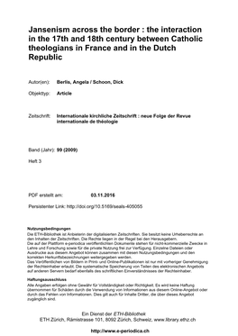 Jansenism Across the Border : the Interaction in the 17Th and 18Th Century Between Catholic Theologians in France and in the Dutch Republic