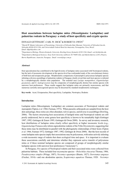 Mesostigmata: Laelapidae) and Palustrine Rodents in Paraguay: a Study of Host Specificity and Cryptic Species