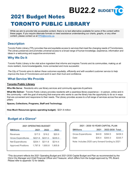 2021 Budget Notes TORONTO PUBLIC LIBRARY