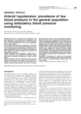 Arterial Hypotension: Prevalence of Low Blood Pressure in the General Population Using Ambulatory Blood Pressure Monitoring