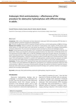 Endoscopic Third Ventriculostomy – Effectiveness of the Procedure for Obstructive Hydrocephalus with Different Etiology in Adults