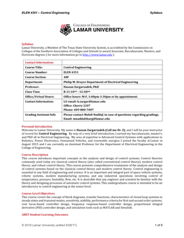 ELEN 4351 – Control Engineering Syllabus © 2016 Lamar University (Edited 8/28/17) 1 of 9 Syllabus Lamar University, a Member