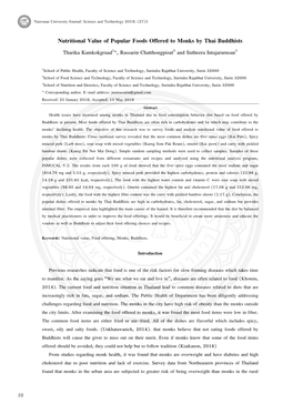 Nutritional Value of Popular Foods Offered to Monks by Thai Buddhists Tharika Kamkokgruad1*, Rassarin Chatthongpisut2 and Sutheera Intajarurnsan3