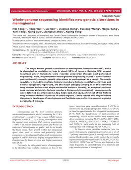 Whole-Genome Sequencing Identifies New Genetic Alterations in Meningiomas