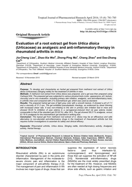 Evaluation of a Root Extract Gel from Urtica Dioica (Urticaceae) As Analgesic and Anti-Inflammatory Therapy in Rheumatoid Arthritis in Mice