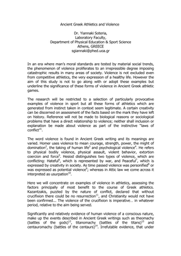 Ancient Greek Athletics and Violence Dr. Yiannaki Soteria, Laboratory Faculty, Department of Physical Education & Sport