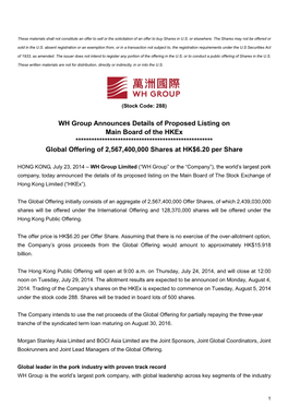 WH Group Announces Details of Proposed Listing on Main Board of the Hkex **************************************************