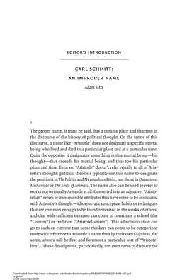 Carl Schmitt: an Improper Name Adam Sitze