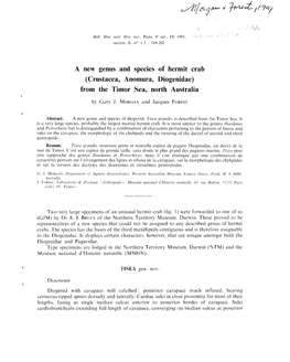 A New Genus and Species of Hermit Crab (Crustacea, Anomura, Diogenidae) from the Timor Sea, North Australia
