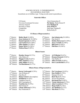 AFSCME COUNCIL 31 ENDORSEMENTS 2010 GENERAL ELECTION Incumbents Are in Boldface Type