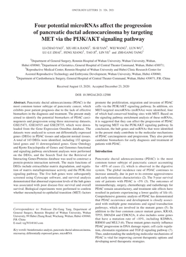 Four Potential Micrornas Affect the Progression of Pancreatic Ductal Adenocarcinoma by Targeting MET Via the PI3K/AKT Signaling Pathway