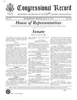 Congressional Record United States Th of America PROCEEDINGS and DEBATES of the 112 CONGRESS, SECOND SESSION