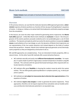 Monte Carlo Methods Che210d Overview