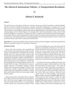 The Advent of Autonomous Vehicles: a Transportation Revolution 1 the Advent of Autonomous Vehicles: a Transportation Revolution