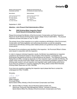 September 4, 2020 Attention: John Pinsent Chief Administrative Officer Re: 2020 Drinking Water Inspection Report South Ramara