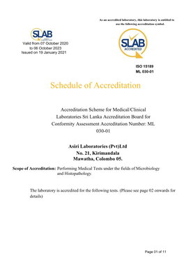 Scope of Accreditation: Performing Medical Tests Under the Fields of Microbiology and Histopathology