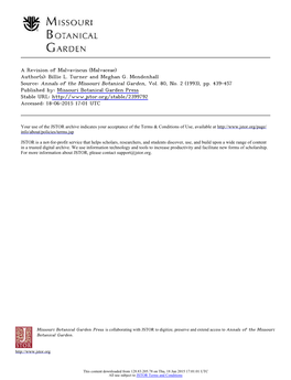 A Revision of Malvaviscus (Malvaceae) Author(S): Billie L. Turner and Meghan G. Mendenhall Source: Annals of the Missouri Botanical Garden, Vol