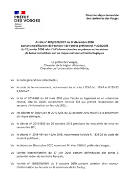Direction Départementale Des Territoires Des Vosges Arrêté N° 407