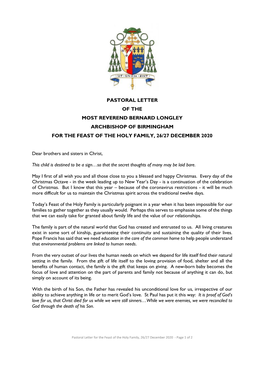 Pastoral Letter of the Most Reverend Bernard Longley Archbishop of Birmingham for the Feast of the Holy Family, 26/27 December 2020