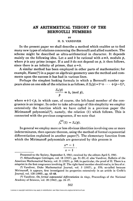 An Arithmetical Theory of the Bernoulli Numbers