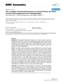 The Complete Mitochondrial Genome of a Basal Teleost, the Asian Arowana (Scleropages Formosus, Osteoglossidae) Gen Hua Yue1,3, Woei Chang Liew1 and Laszlo Orban*1,2